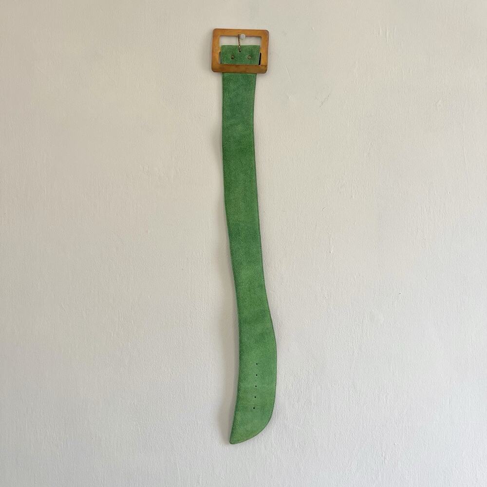 Vintage green suede belt with bronze colored buckle
